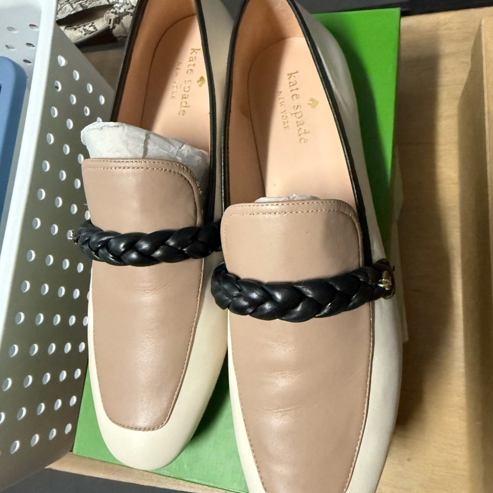 Kate Spade Tan and Black Loafers with Braided Detail